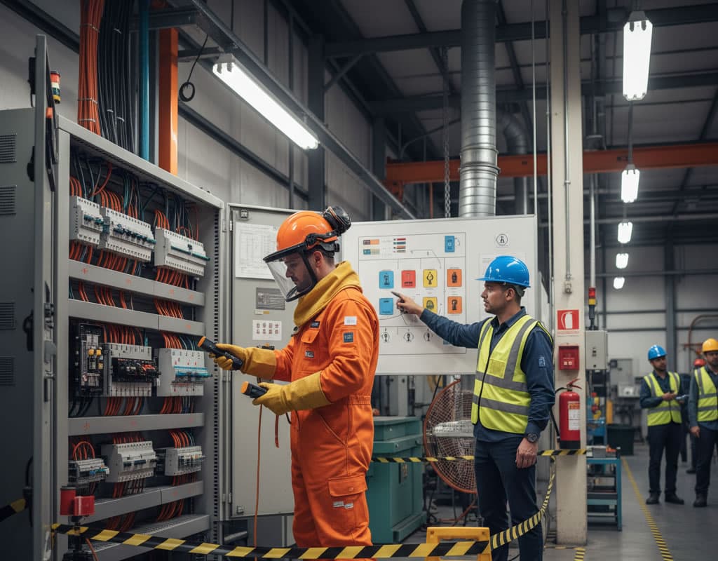 trabajador electrico inspeccionado tablero de control electrico en empresa