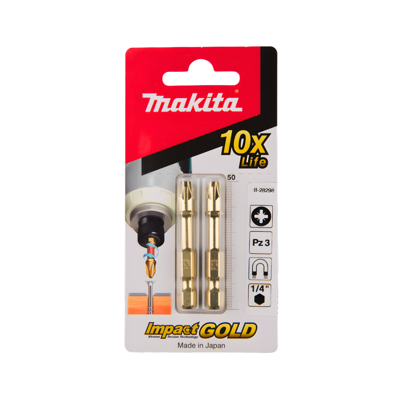 B-28298 PUNTA MAGNETICA PZ3 X 50mm (02UND EN BLISTER) IMPACT GOLD TORSION - MAKITA