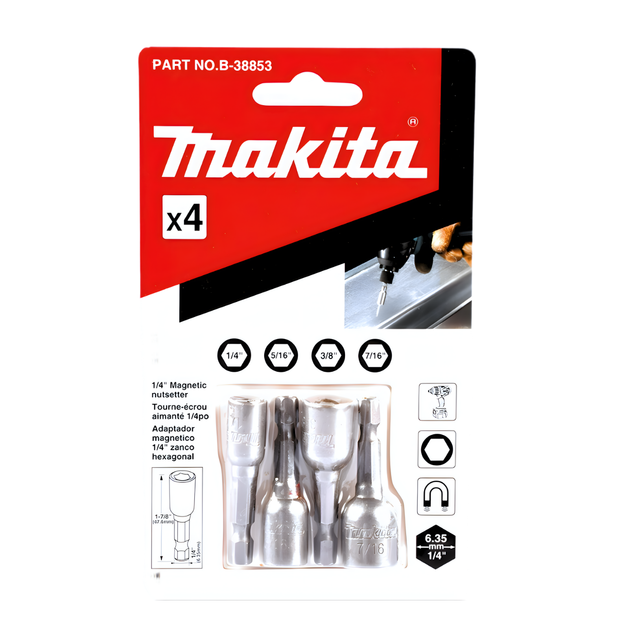 B-38853 DADO MAGNETICO 1/4" X1-1/8"X5PZAS(1/4",5/16",3/8",7/16") MIX -MAKITA