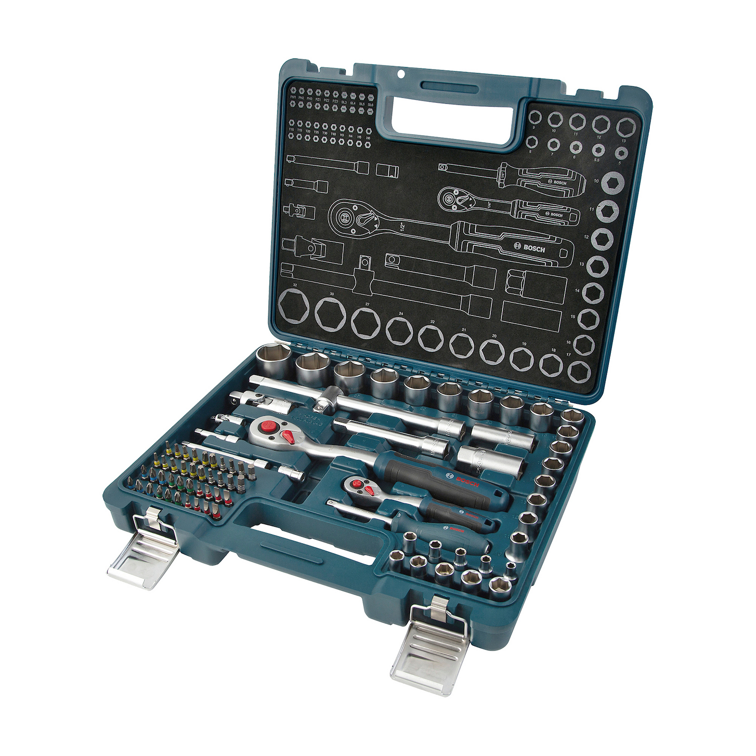 1600.A03.AD0-000 JUEGO DE DADOS Y RATCHET DE 1/4"+1/2" X 80 PZ - BOSCH