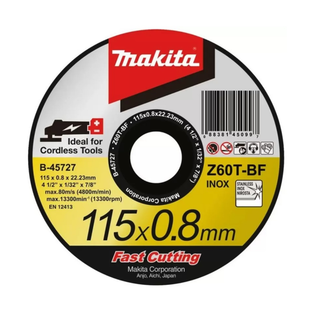B-45727 DISCO DE CORTE PARA ACERO INOXIDABLE 4-1/2" X 0.8MM USO INALÁMBRICO - MAKITA